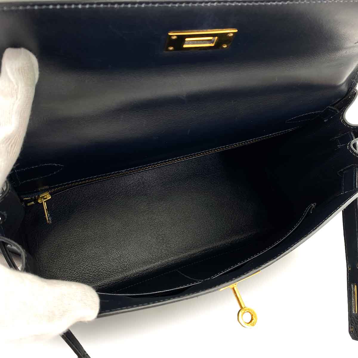 HERMES KELLY 28 RETOURNE BLUE INDIGO BOXCALF HAND SHOULDER BAG 〇W 90244759