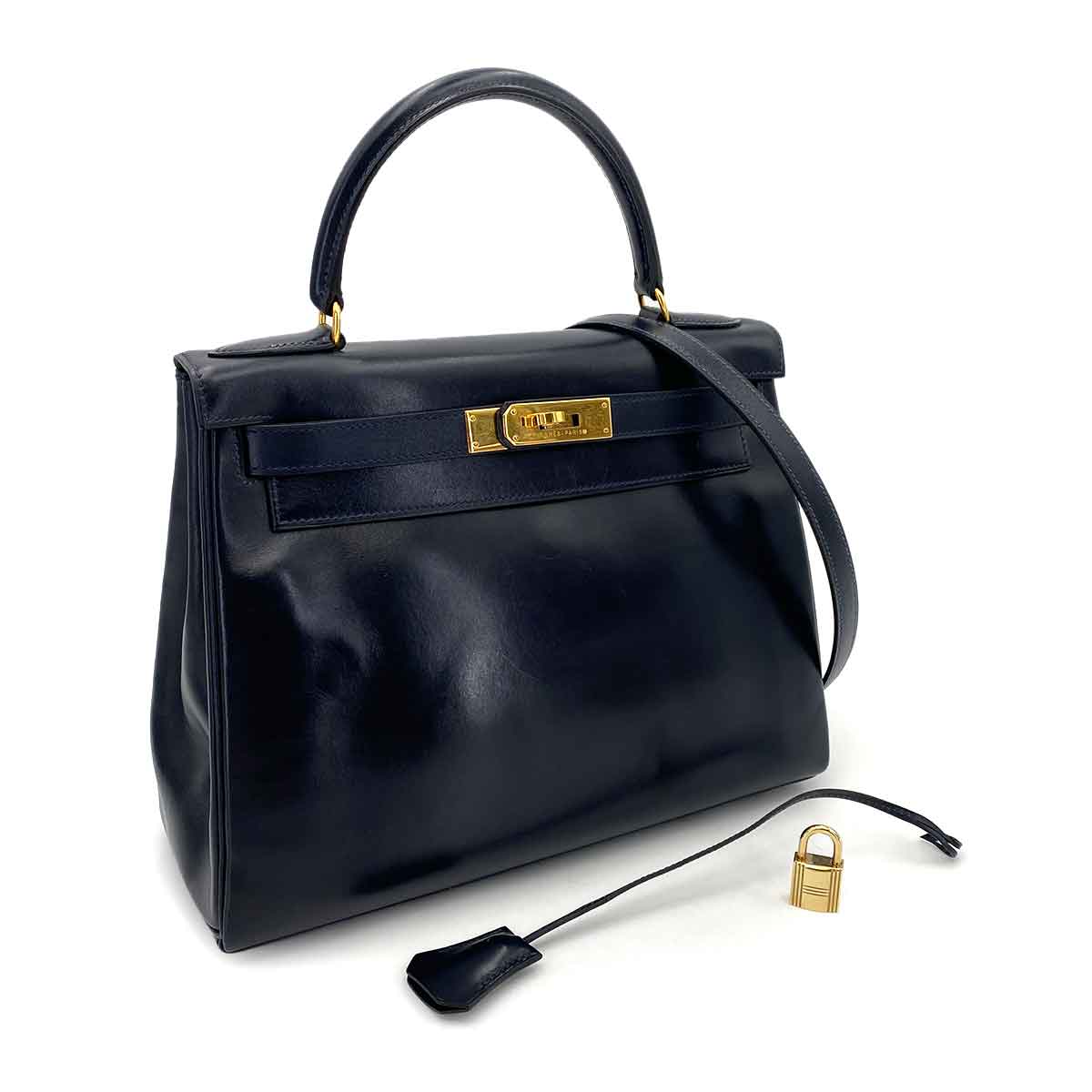 HERMES KELLY 28 RETOURNE BLUE INDIGO BOXCALF HAND SHOULDER BAG 〇W 90244759