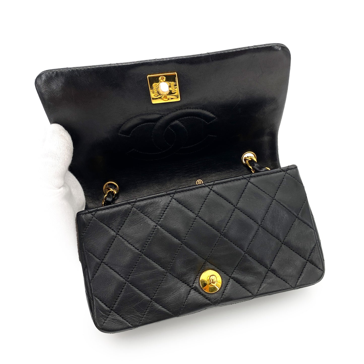 CHANEL VINTAGE MINI FULL FLAP CHAIN SHOULDER BAG BLACK LAMB SKIN 90244765