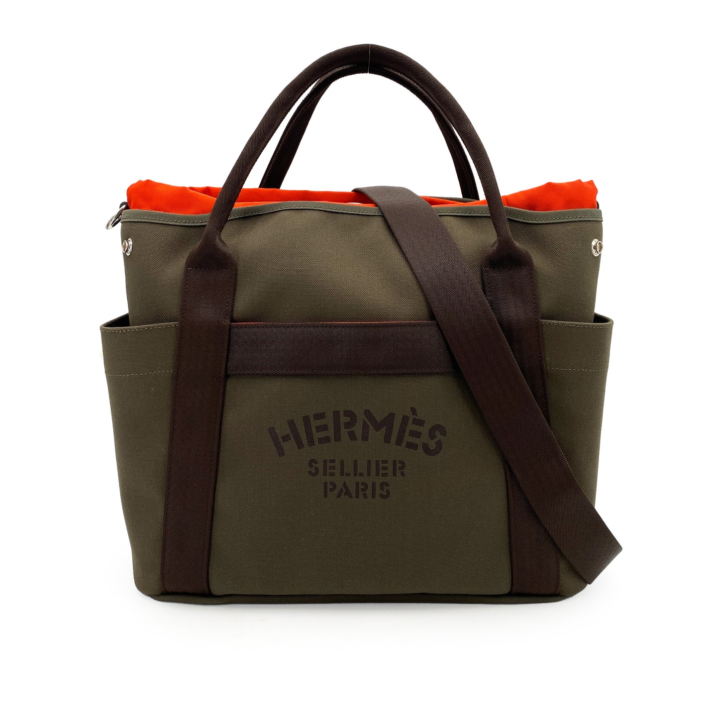HERMES SAC DE PANSAGE GROOM KHAKI TOILE CHEVRON BRIDLE LEATHER HAND BAG A 90244805