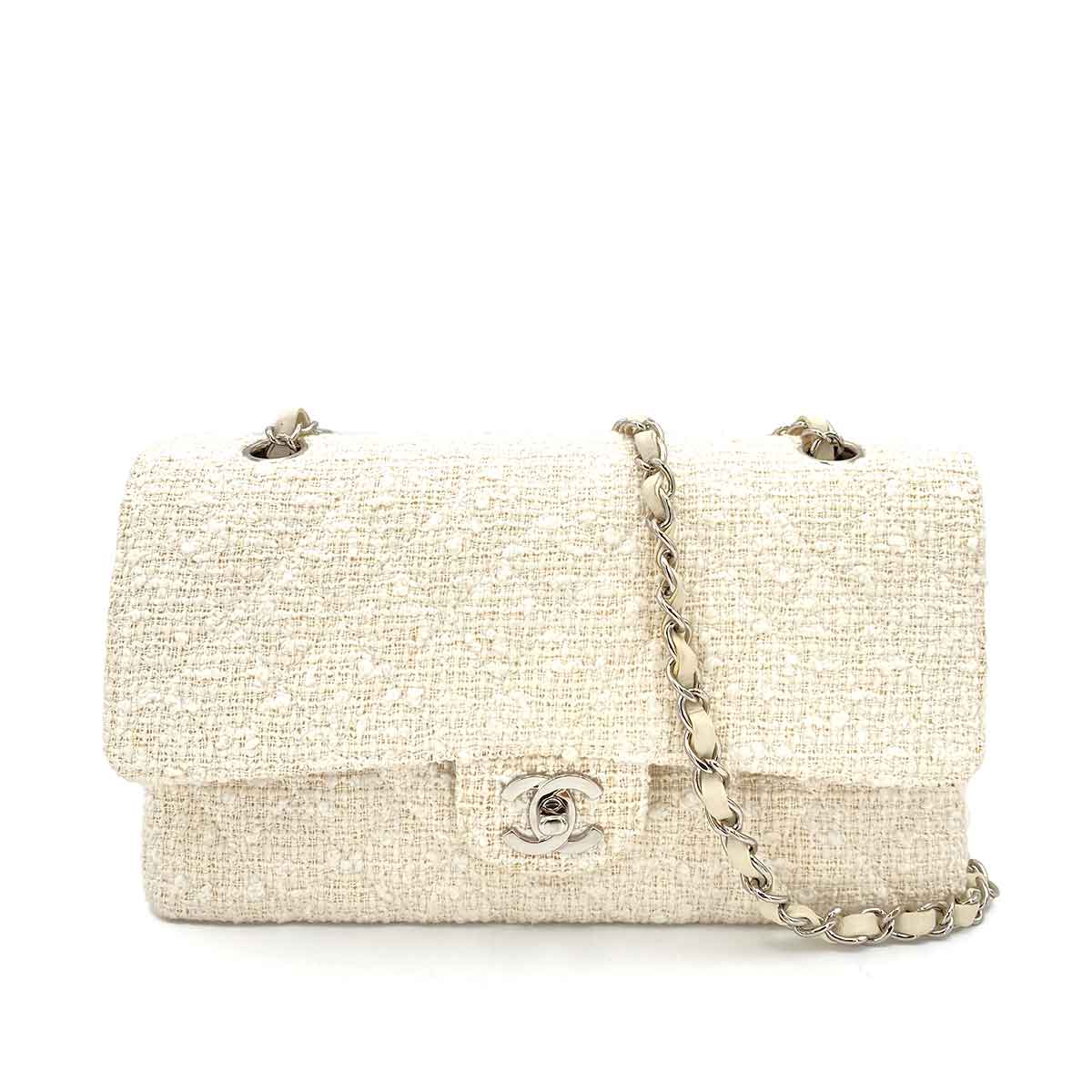 CHANEL VINTAGE CLASSIC FLAP MEDIUM CHAIN SHOULDER BAG WHITE TWEED SHW 90244808