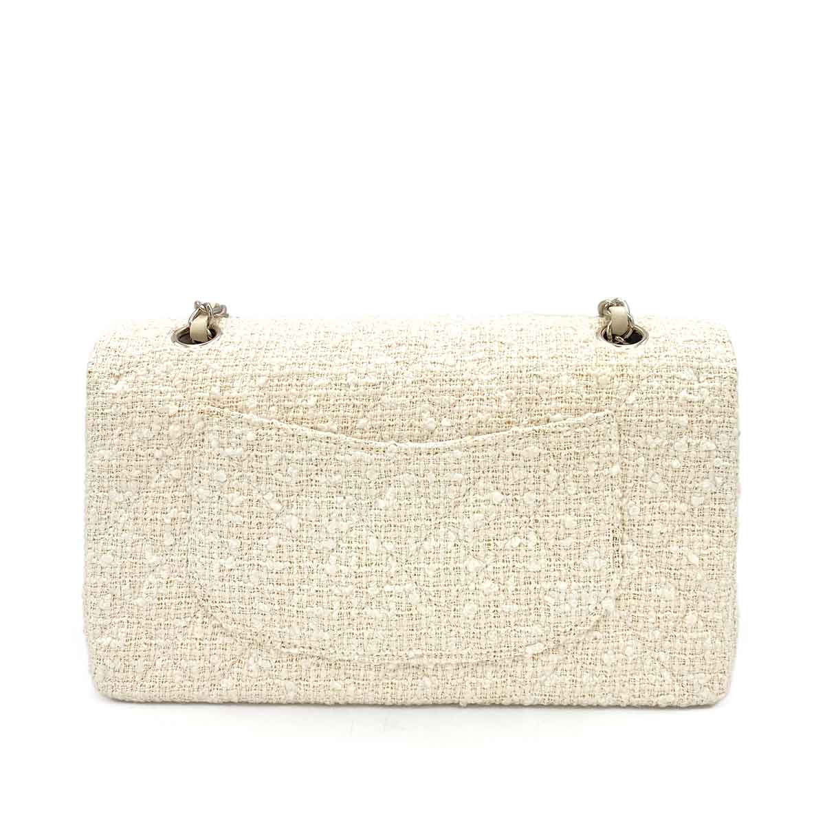 CHANEL VINTAGE CLASSIC FLAP MEDIUM CHAIN SHOULDER BAG WHITE TWEED SHW 90244808