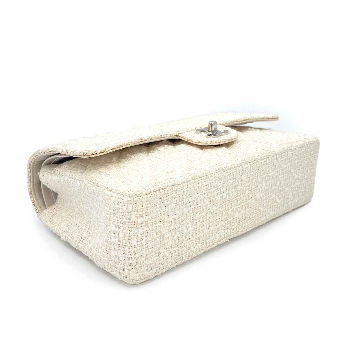 CHANEL VINTAGE CLASSIC FLAP MEDIUM CHAIN SHOULDER BAG WHITE TWEED SHW 90244808
