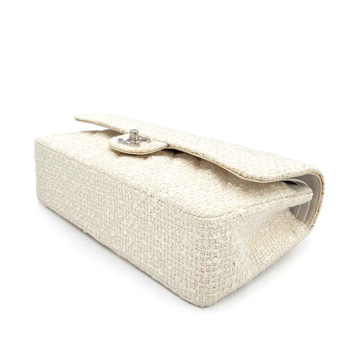 CHANEL VINTAGE CLASSIC FLAP MEDIUM CHAIN SHOULDER BAG WHITE TWEED SHW 90244808