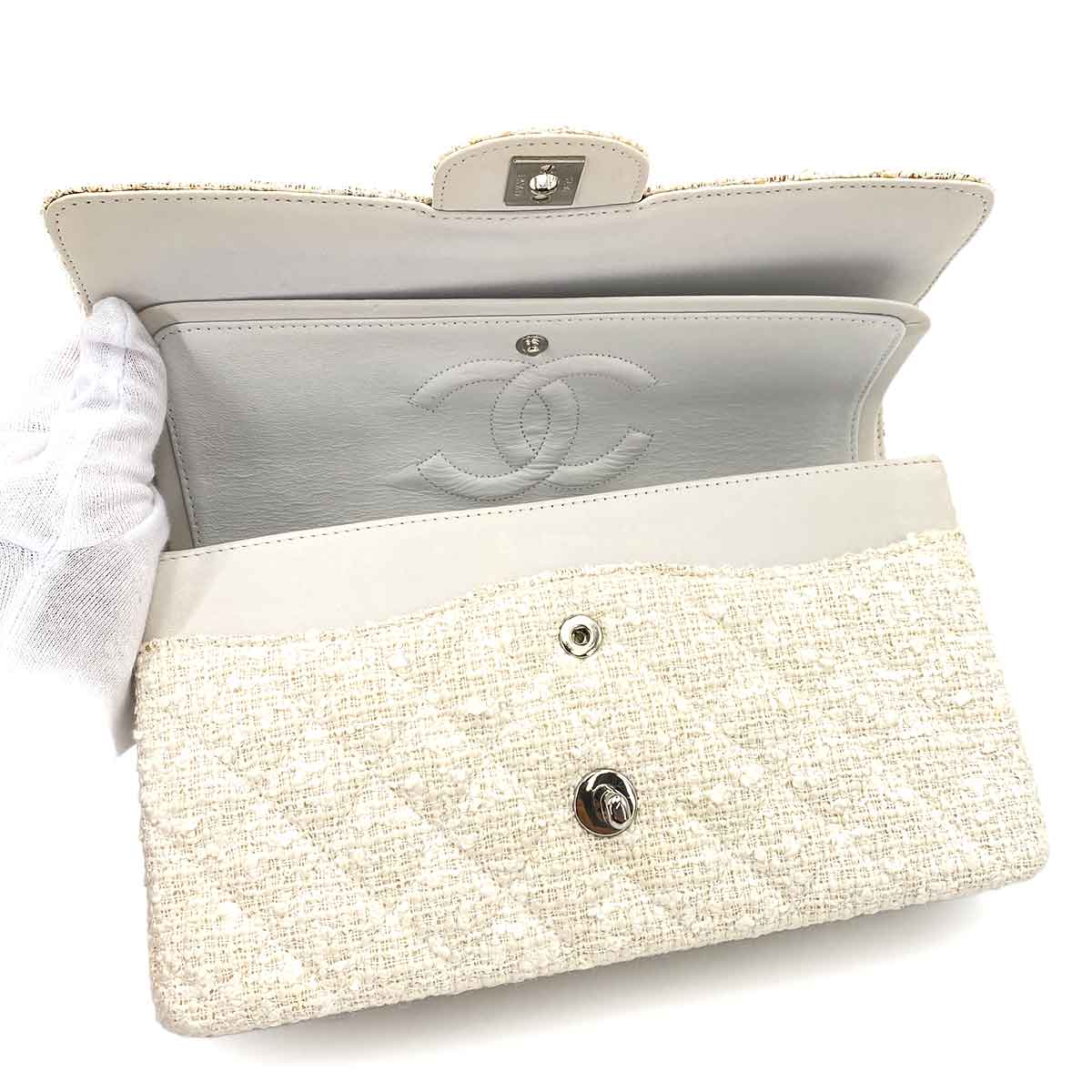 CHANEL VINTAGE CLASSIC FLAP MEDIUM CHAIN SHOULDER BAG WHITE TWEED SHW 90244808