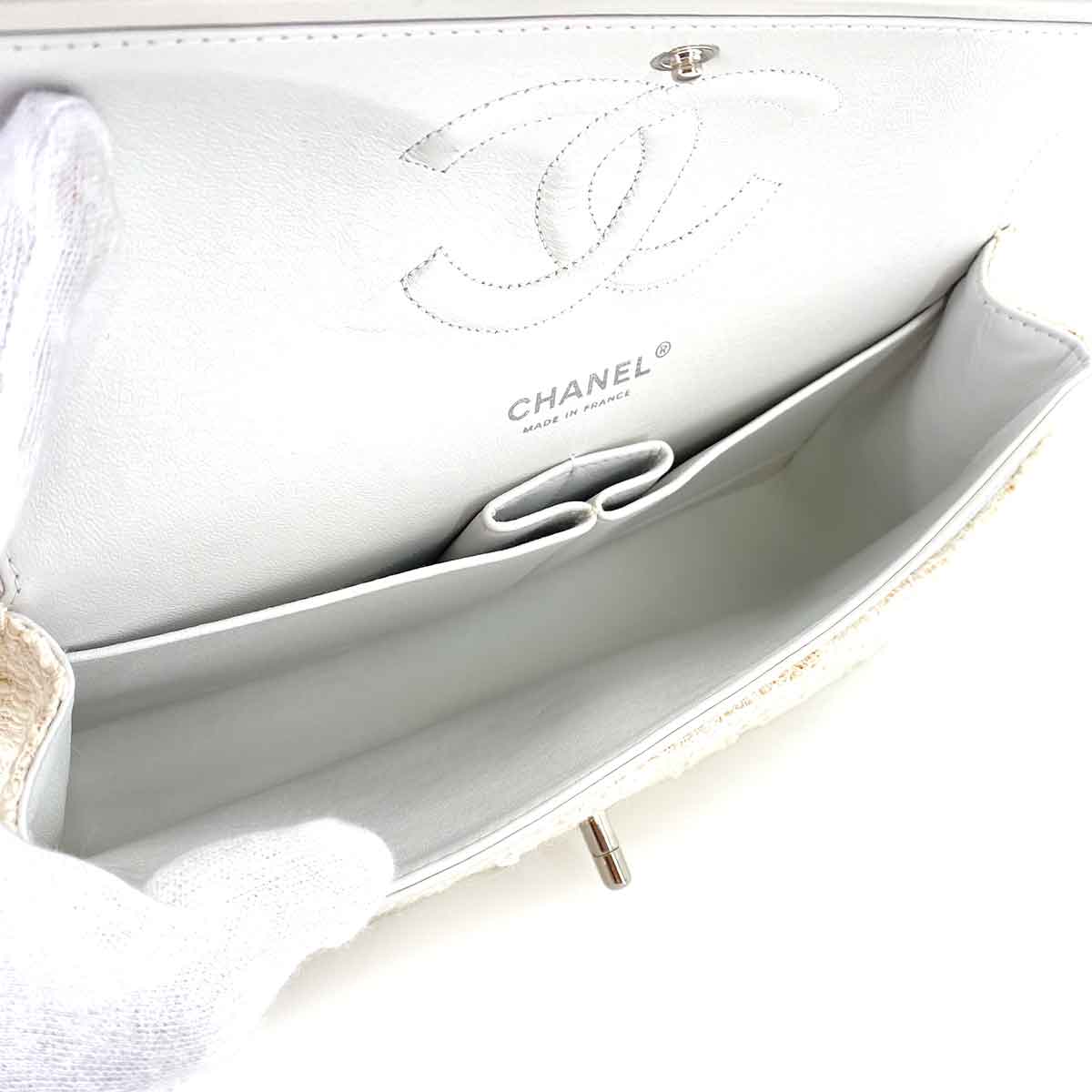CHANEL VINTAGE CLASSIC FLAP MEDIUM CHAIN SHOULDER BAG WHITE TWEED SHW 90244808