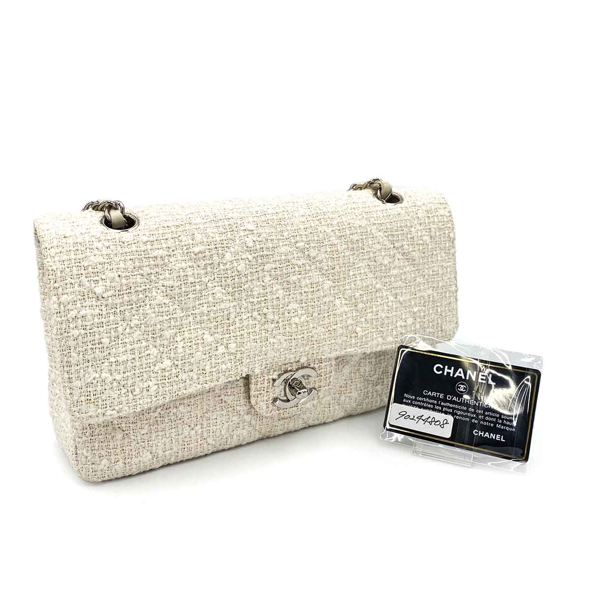 CHANEL VINTAGE CLASSIC FLAP MEDIUM CHAIN SHOULDER BAG WHITE TWEED SHW 90244808