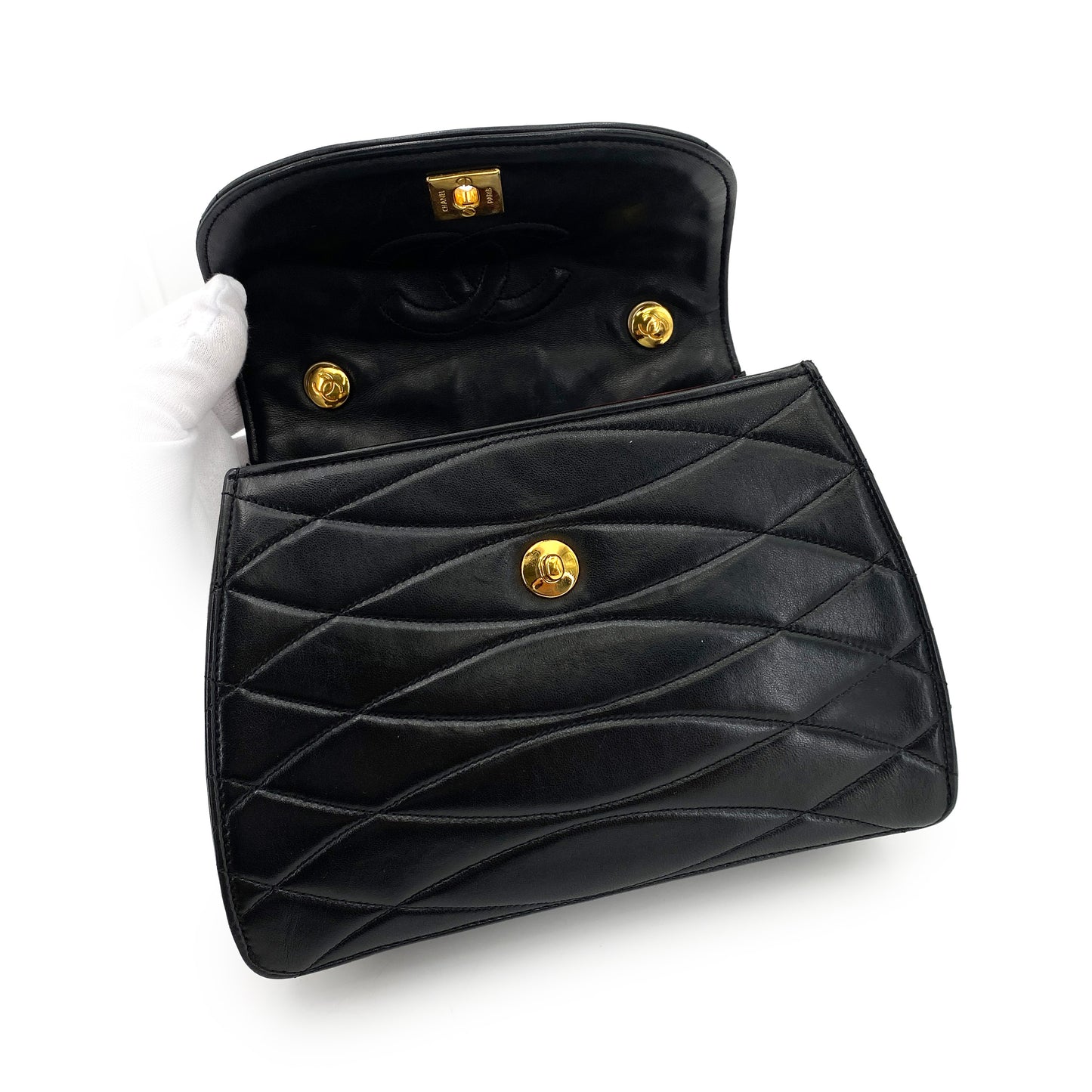 CHANEL VINTAGE TRAPEZOID CHAIN SHOULDER BAG BLACK LAMB SKIN 90244814