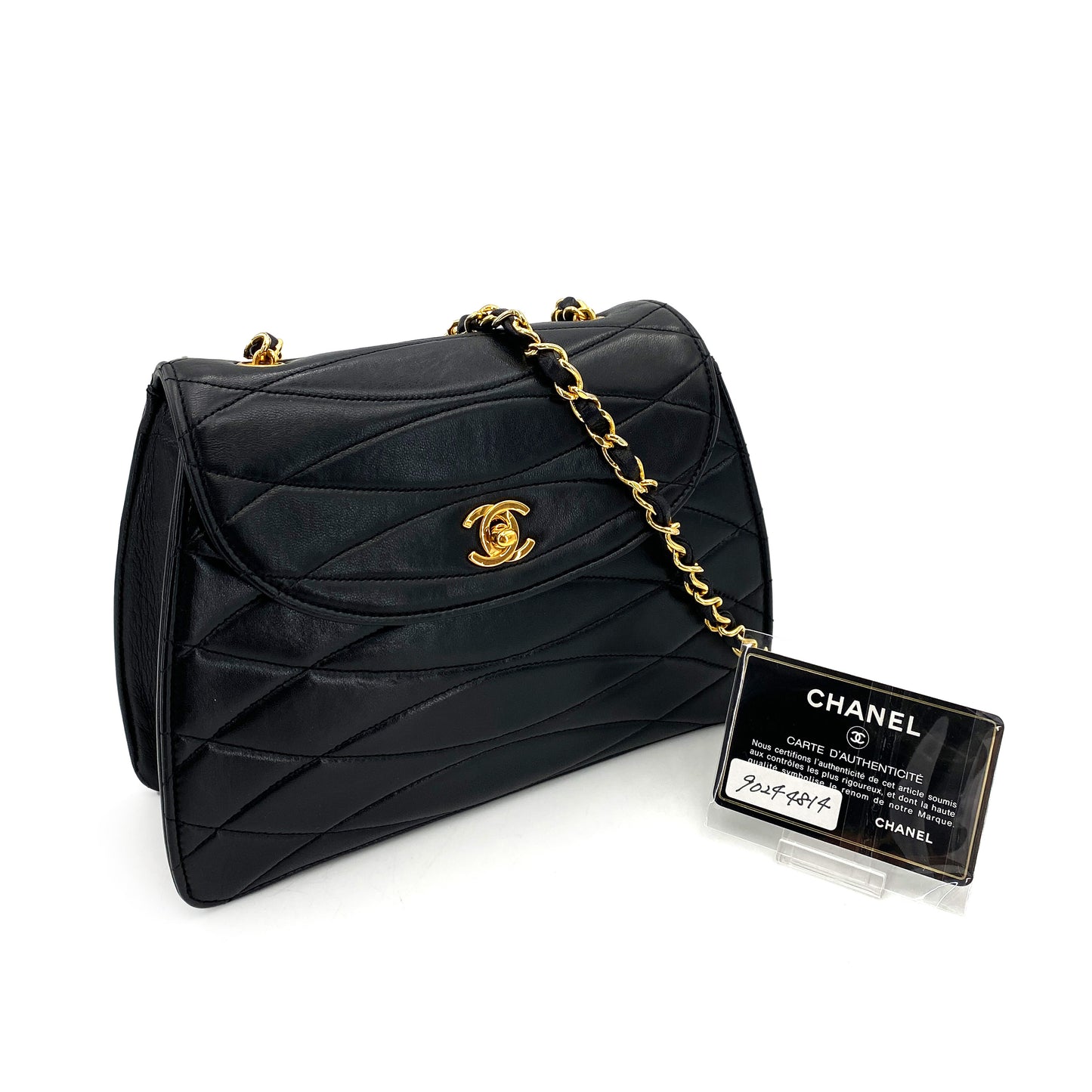 CHANEL VINTAGE TRAPEZOID CHAIN SHOULDER BAG BLACK LAMB SKIN 90244814