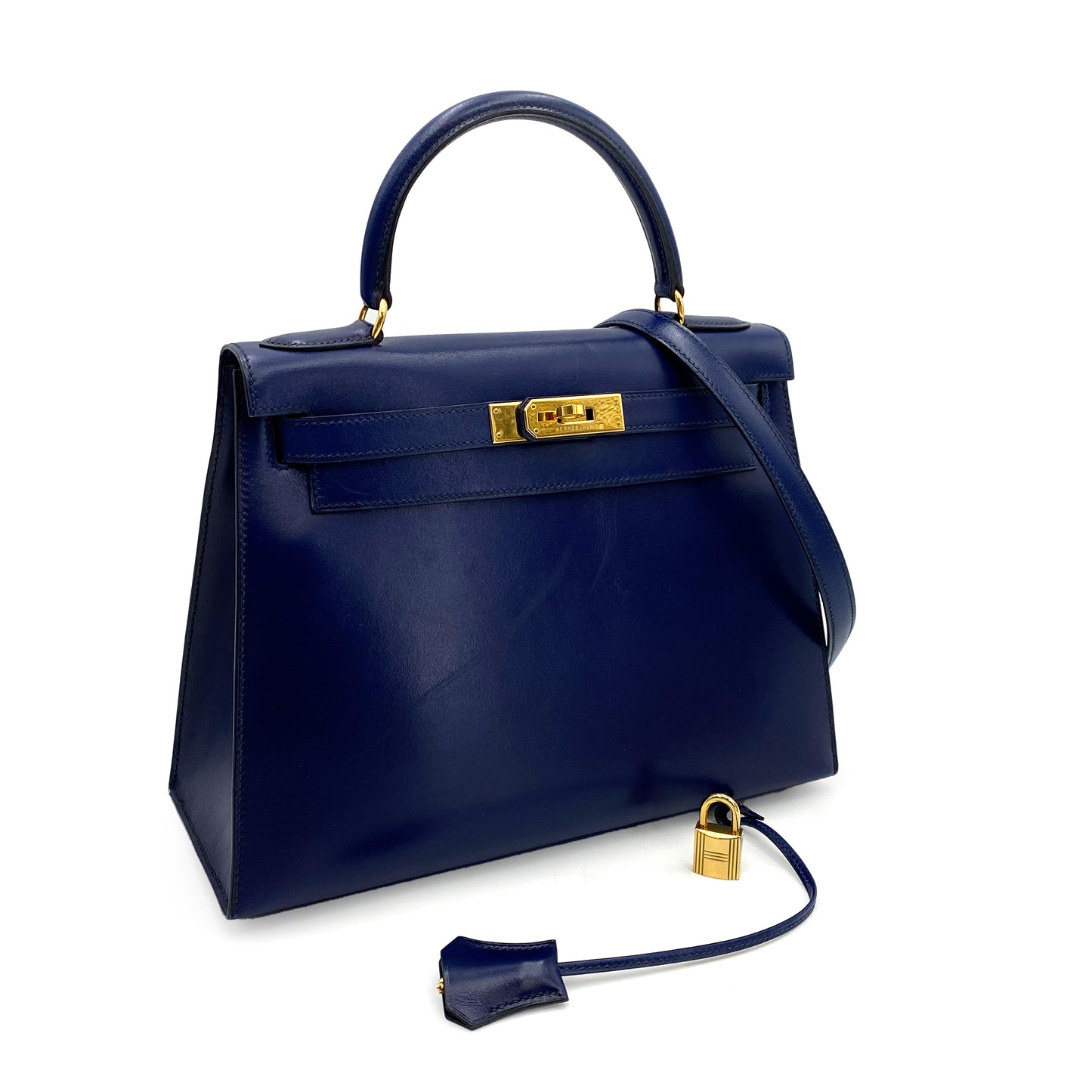 HERMES KELLY 28 SELLIER BLUE ROY BOXCALF HAND SHOULDER BAG 〇Y 90244821