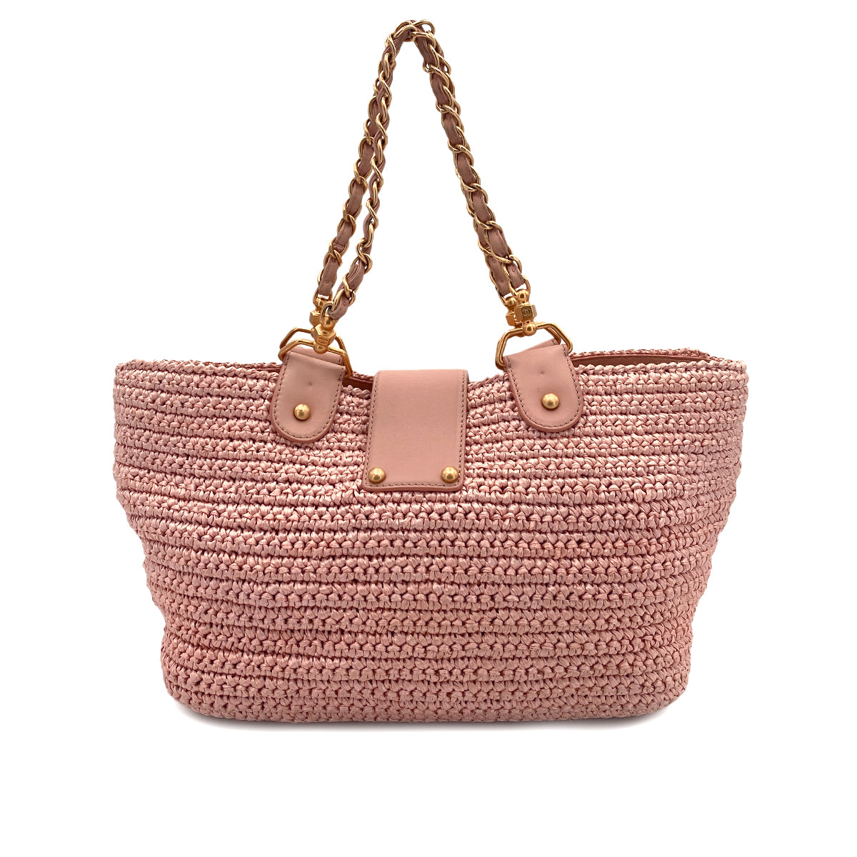 CHANEL VINTAGE CHAIN TOTE BAG PINK RAFFIA 90244823