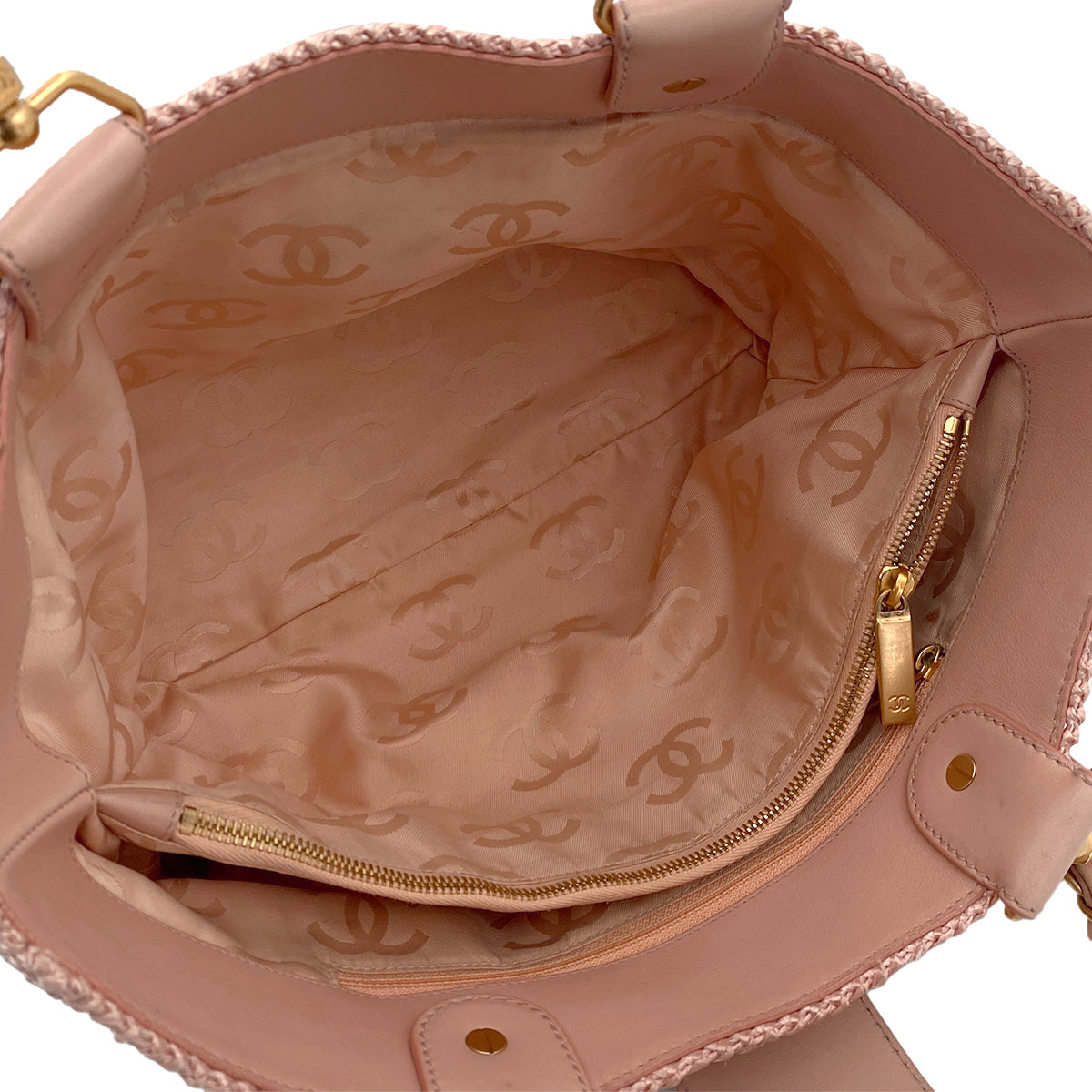 CHANEL VINTAGE CHAIN TOTE BAG PINK RAFFIA 90244823