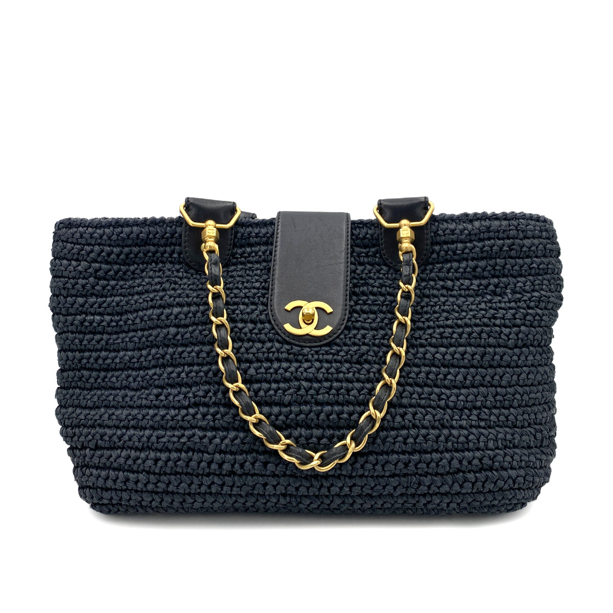 CHANEL VINTAGE CHAIN TOTE BAG NAVY RAFFIA 90244824