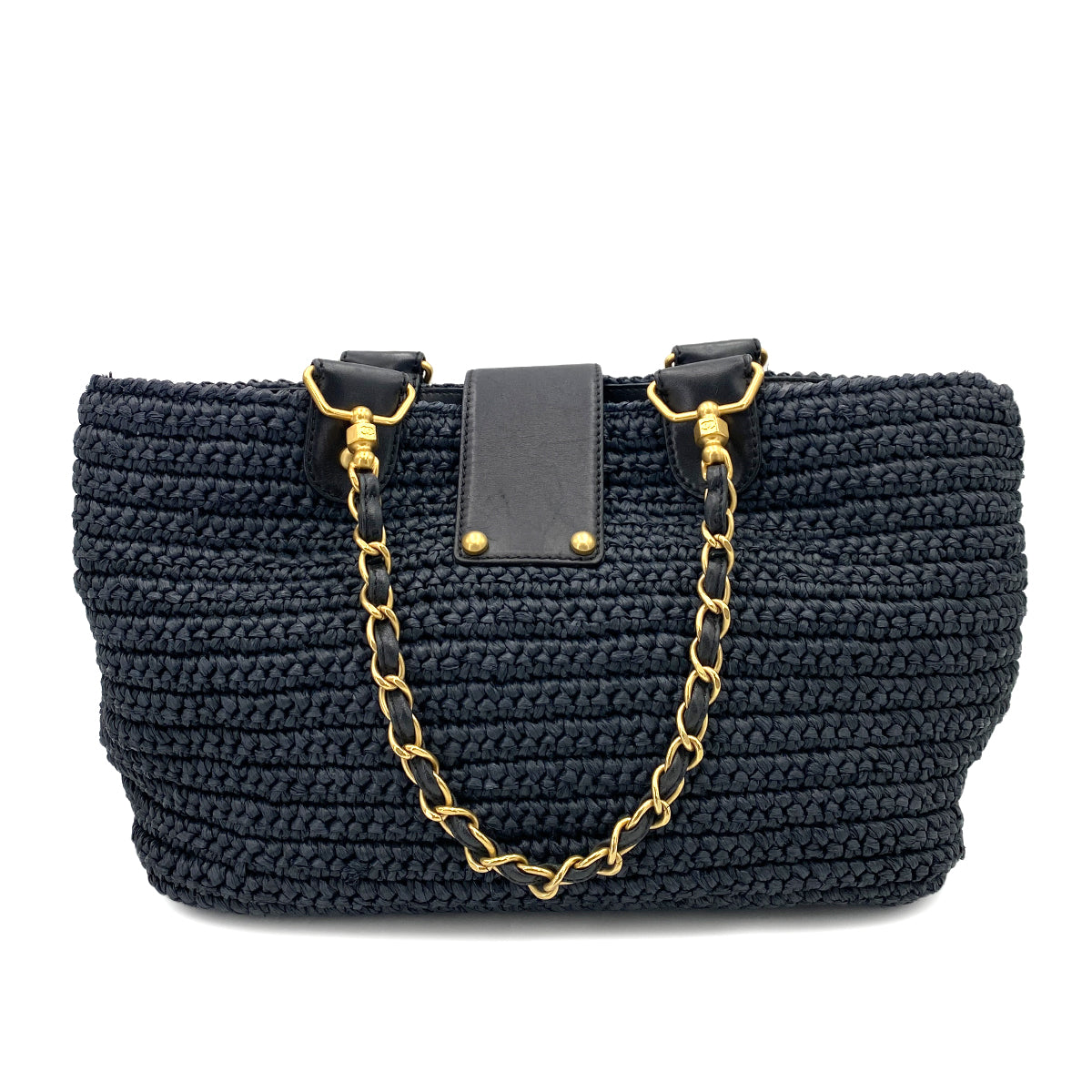 CHANEL VINTAGE CHAIN TOTE BAG NAVY RAFFIA 90244824