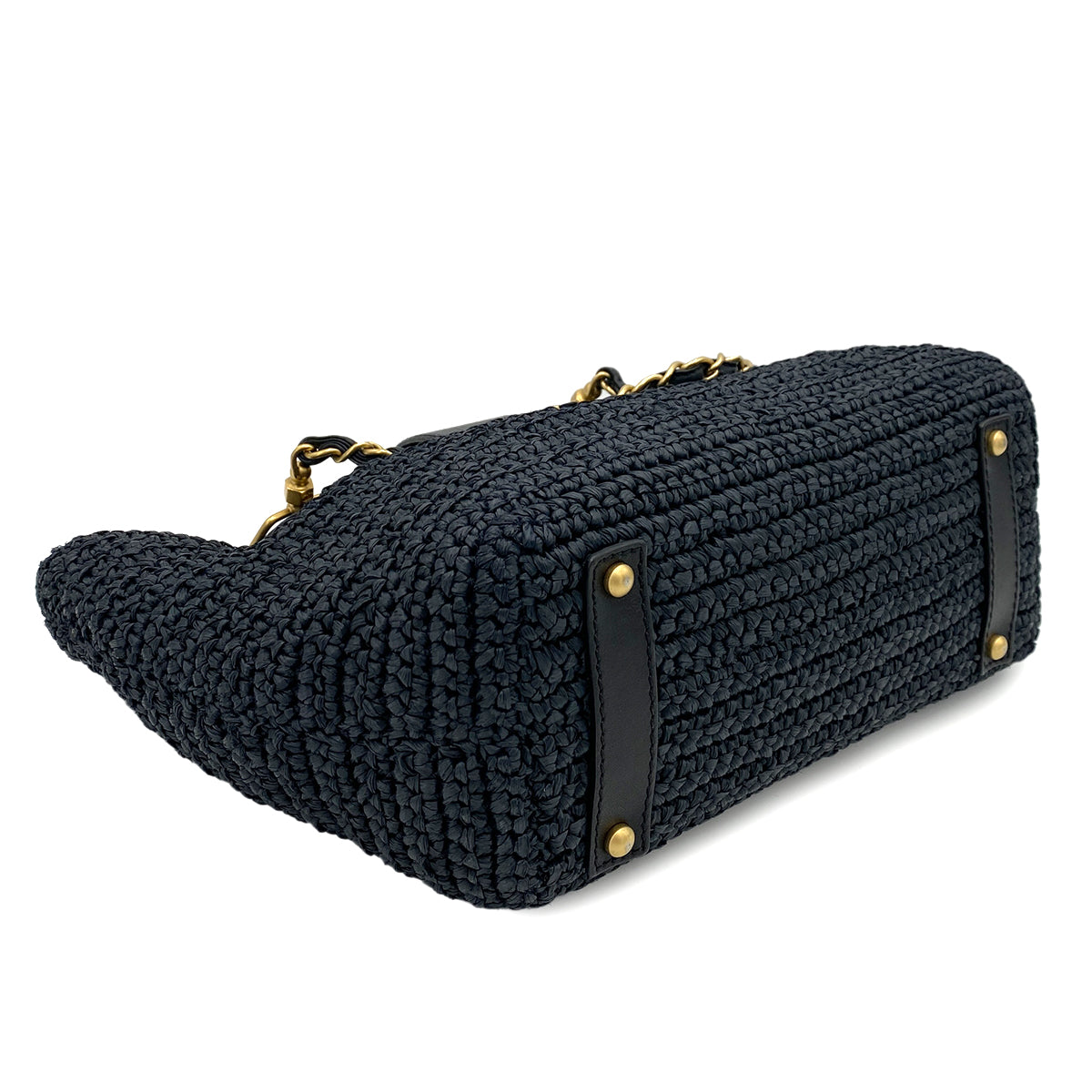 CHANEL VINTAGE CHAIN TOTE BAG NAVY RAFFIA 90244824