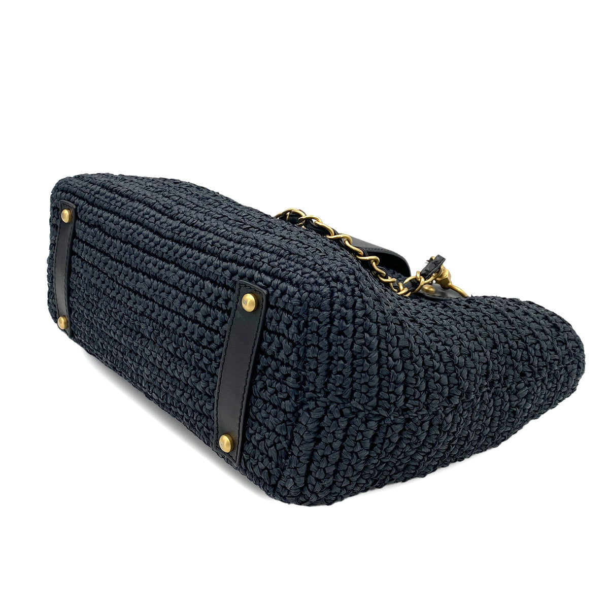 CHANEL VINTAGE CHAIN TOTE BAG NAVY RAFFIA 90244824
