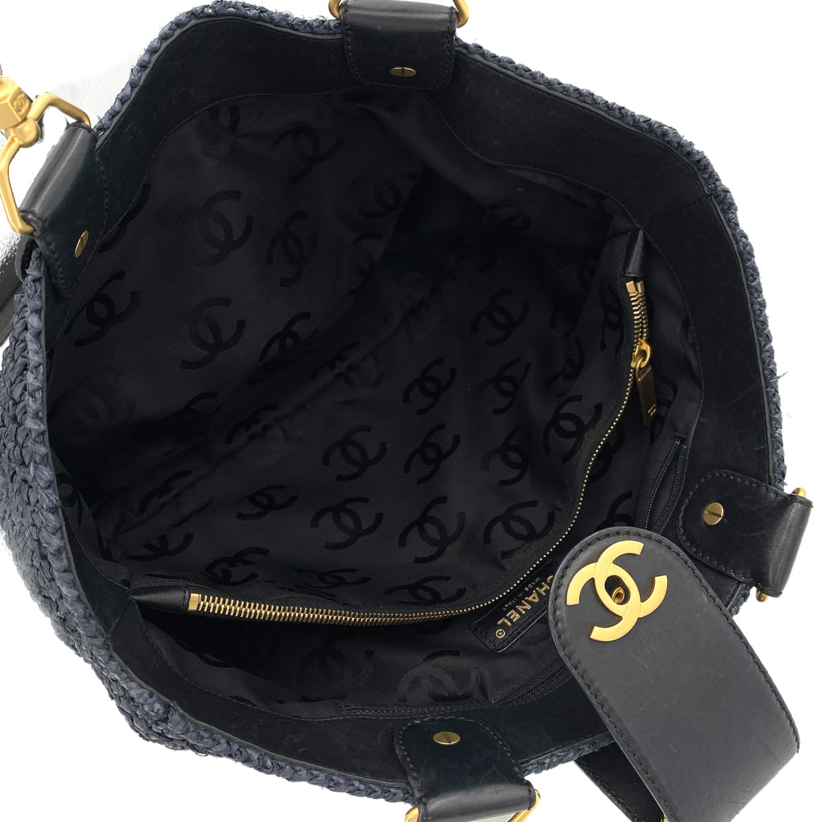 CHANEL VINTAGE CHAIN TOTE BAG NAVY RAFFIA 90244824