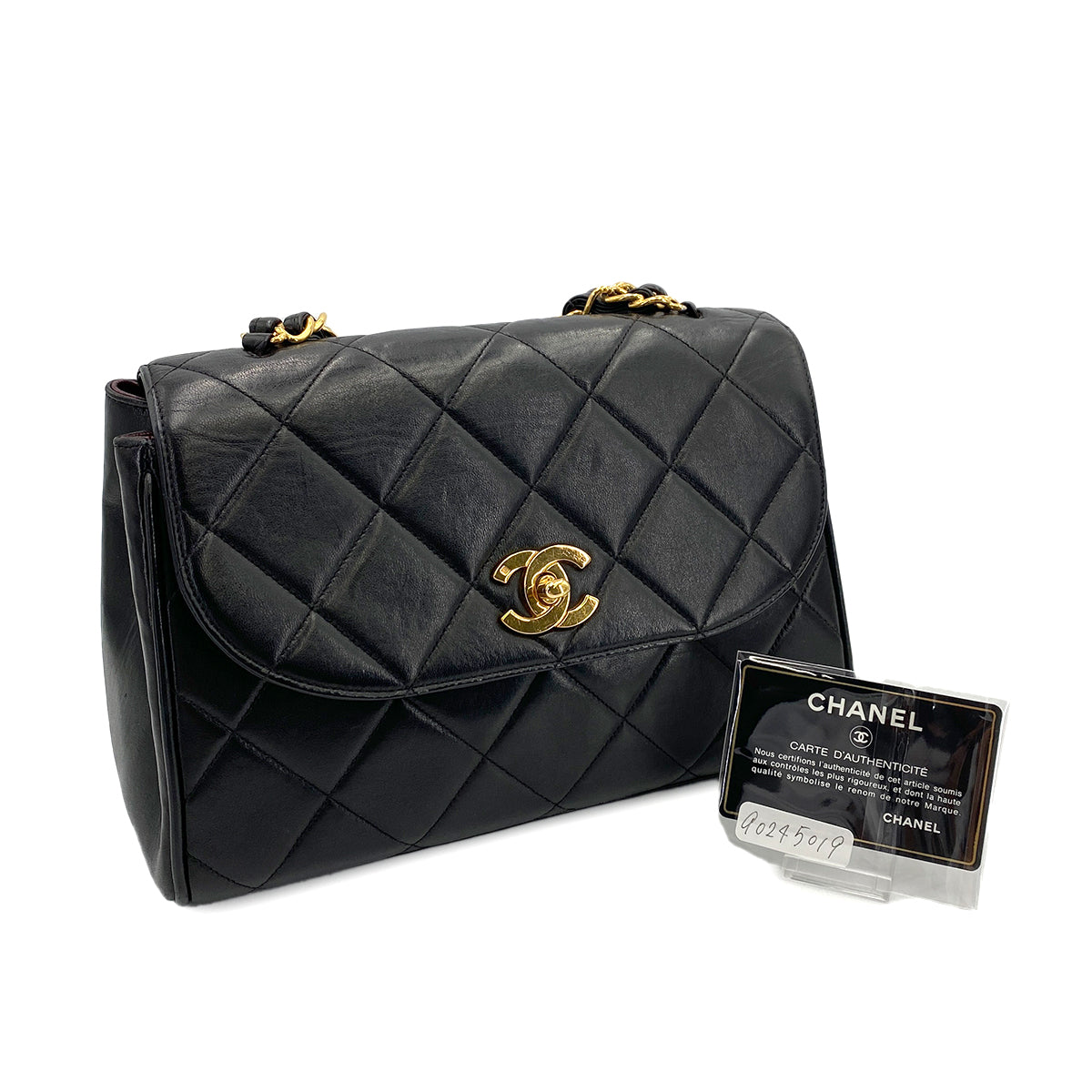 CHANEL VINTAGE MATELASSE CHAIN HAND BAG BLACK LAMB SKIN 90245019