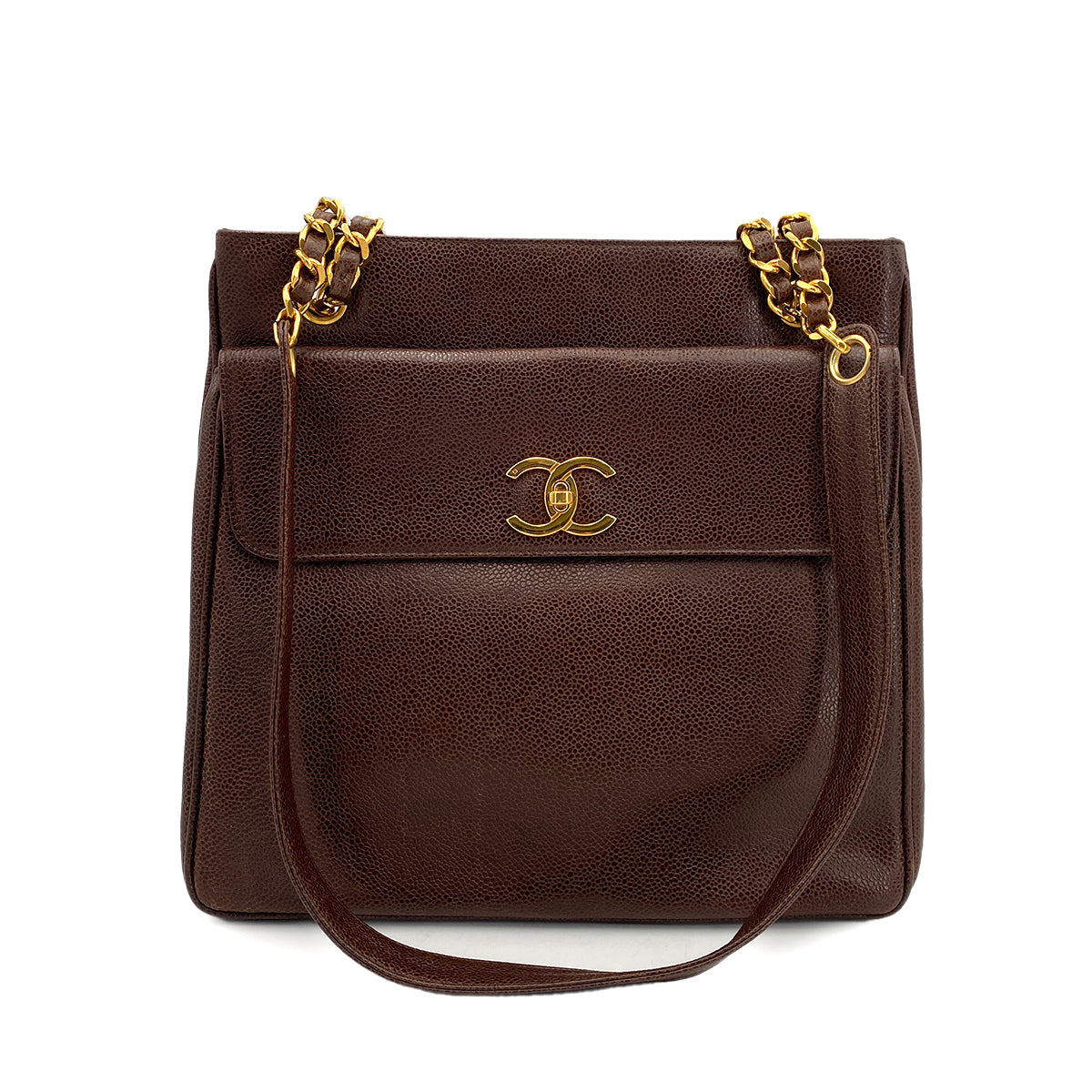 CHANEL VINTAGE CHAIN TOTE BAG BROWN CAVIAR SKIN 90245038