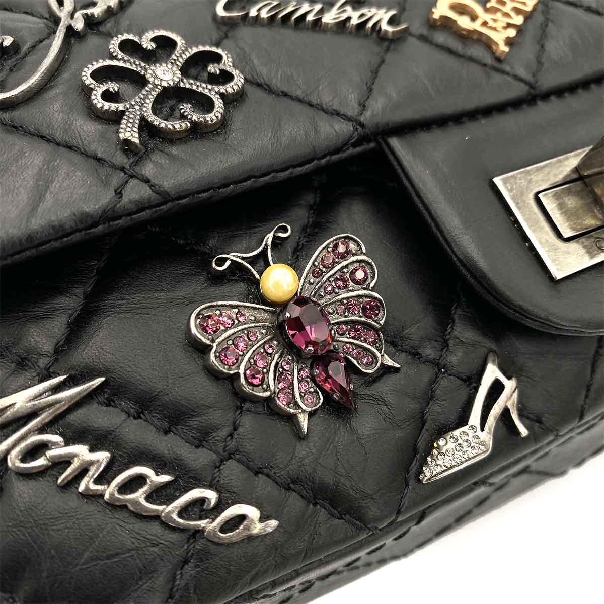 CHANEL VINTAGE 2.55 LUCKY CHARM CHAIN SHOULDER BAG BLACK CALF SKIN SHW 90245051