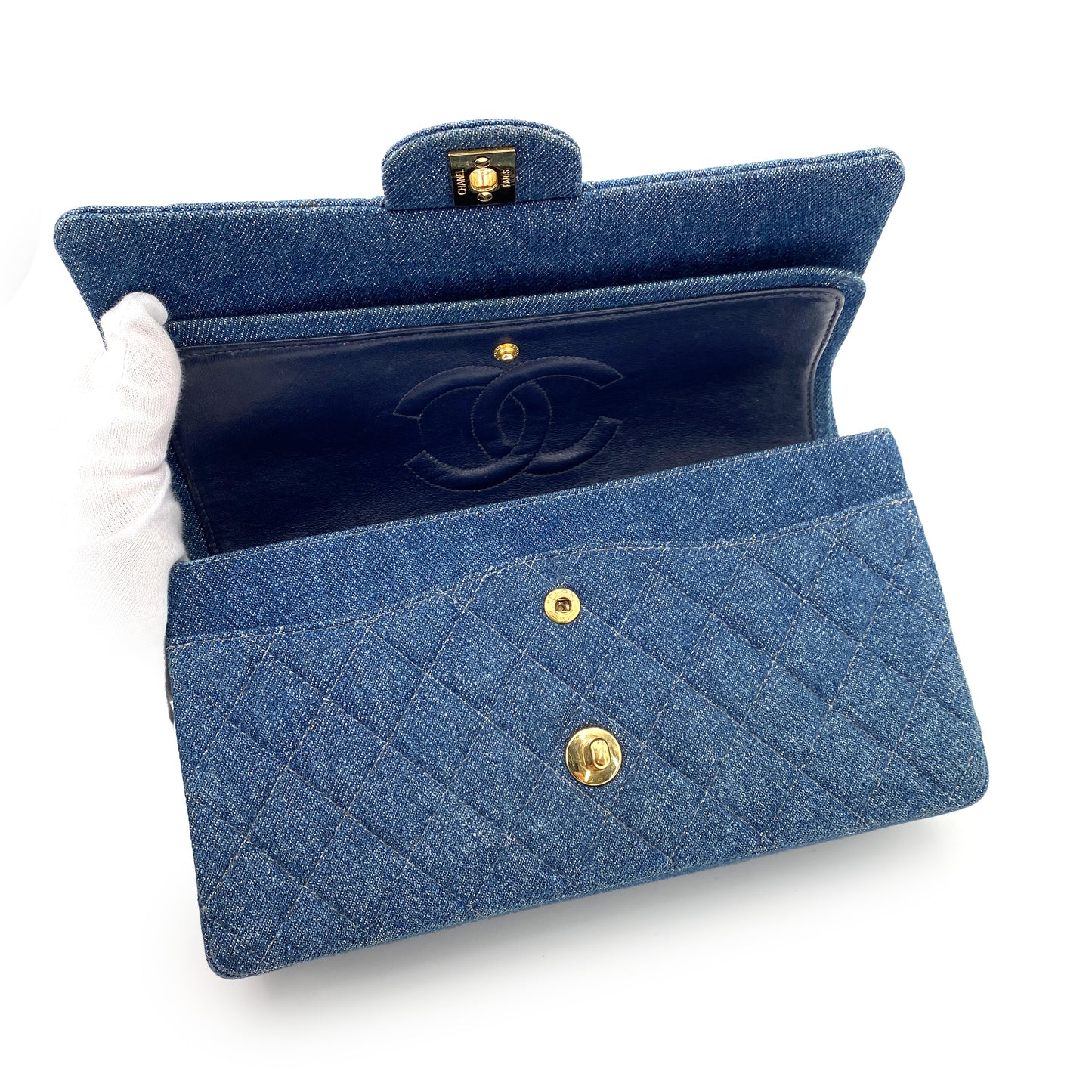 CHANEL VINTAGE CLASSIC FLAP MEDIUM CHAIN SHOULDER BAG BLUE DENIM 90245055