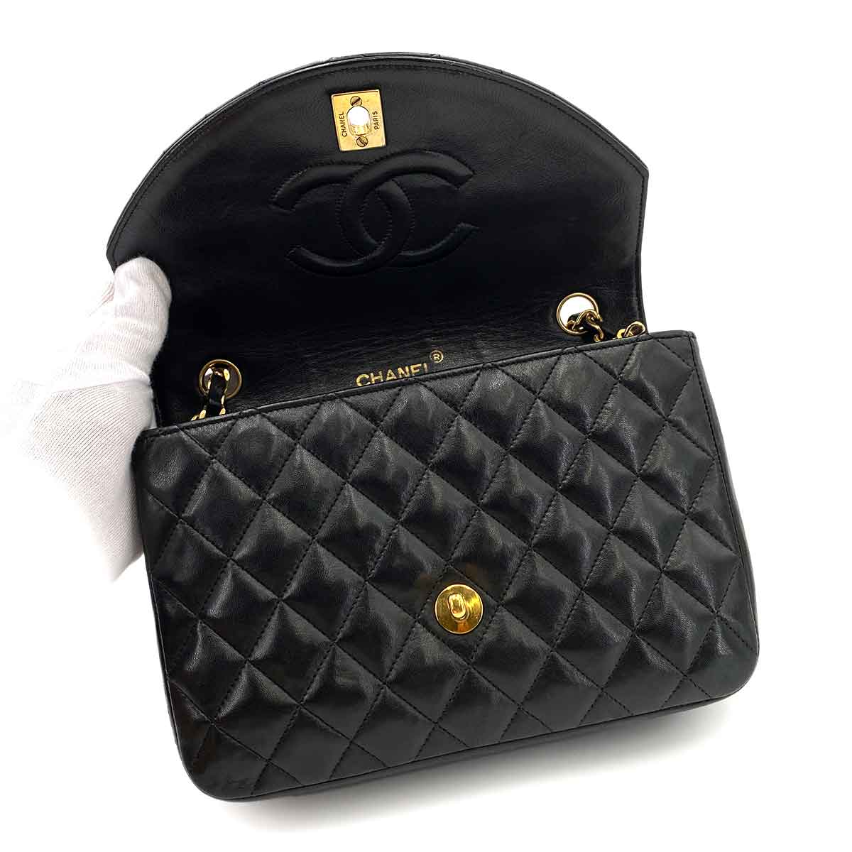 CHANEL VINTAGE HALF MOON CHAIN SHOULDER BAG BLACK LAMB SKIN 90245059