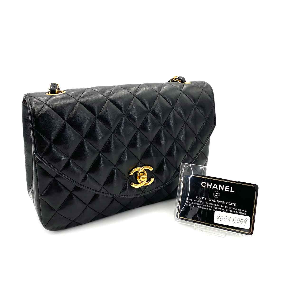 CHANEL VINTAGE HALF MOON CHAIN SHOULDER BAG BLACK LAMB SKIN 90245059