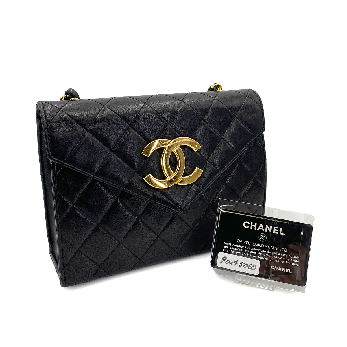 CHANEL VINTAGE MATELASSE BIG COCO CHAIN SHOULDER BAG BLACK LAMB SKIN 90245060