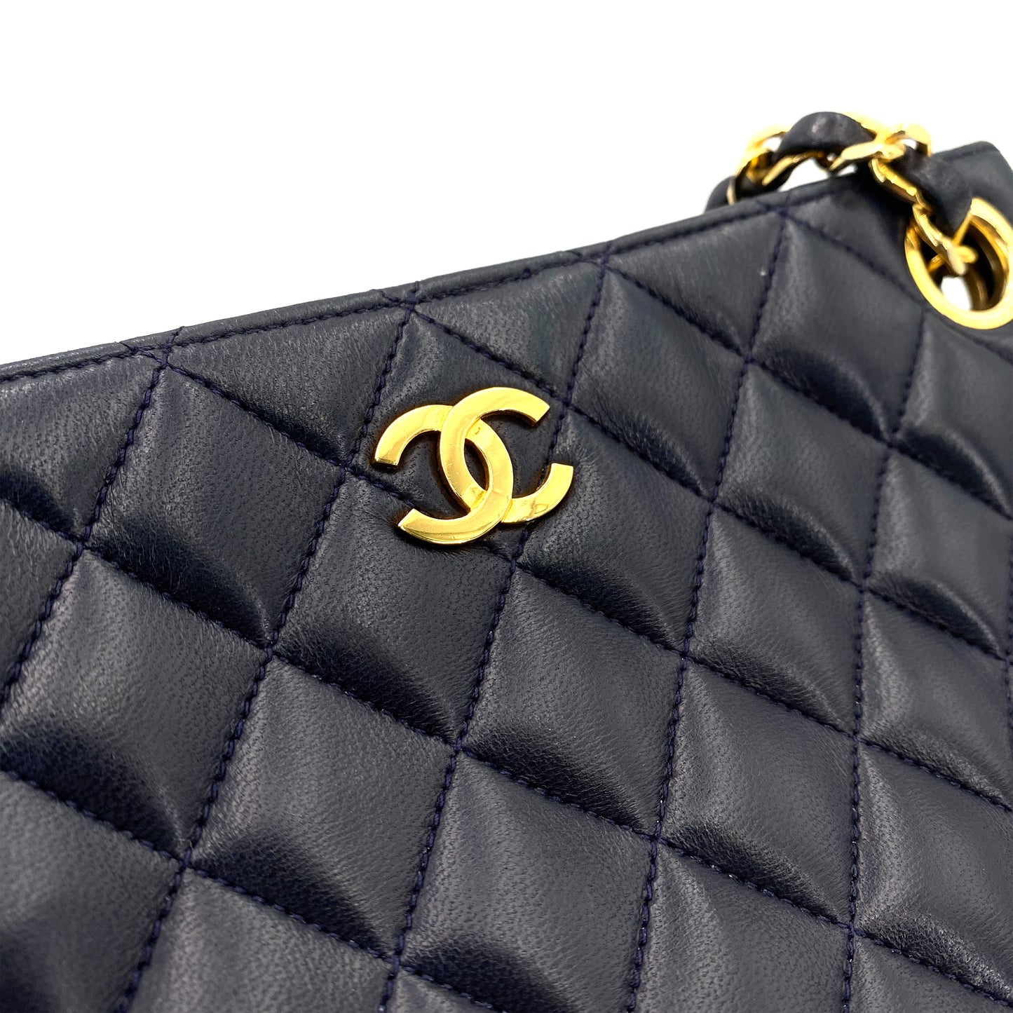 CHANEL VINTAGE MATELASSE CHAIN TOTE BAG NAVY LAMB SKIN 90245061