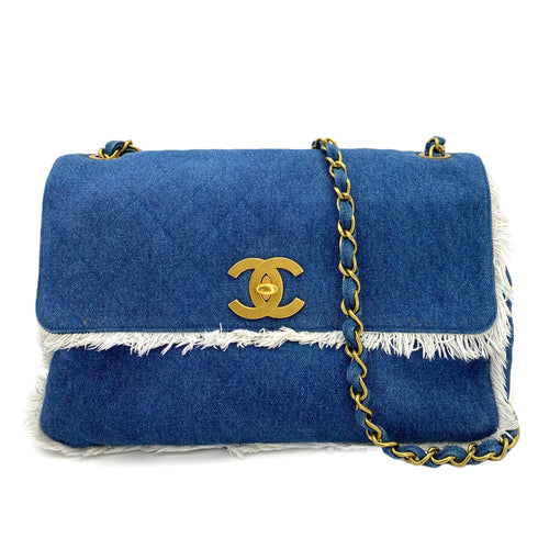 CHANEL VINTAGE MAXI MATELASSE 34 CHAIN SHOULDER BAG BLUE DENIM 90245553 - PURPOSE