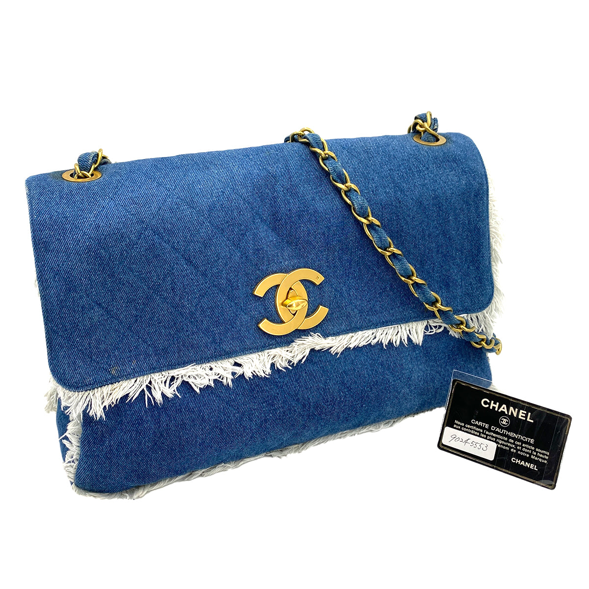 CHANEL VINTAGE MAXI MATELASSE 34 CHAIN SHOULDER BAG BLUE DENIM 90245553