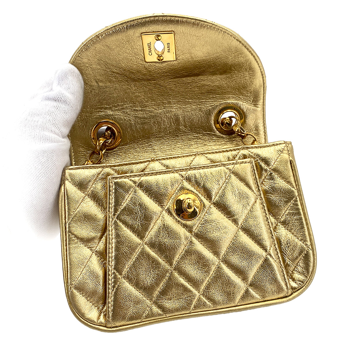 CHANEL VINTAGE BIJOU CHAIN SHOULDER BAG GOLD LAMB SKIN 90245554