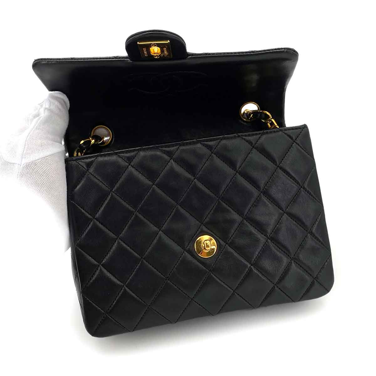 CHANEL VINTAGE MINI SQUARE 20 CHAIN SHOULDER BAG BLACK LAMB SKIN 90245564