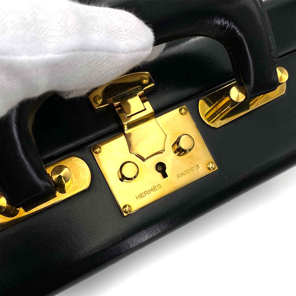 HERMES ATTASH CASE BLACK BOX CALF HAND BAG 〇P 90245565