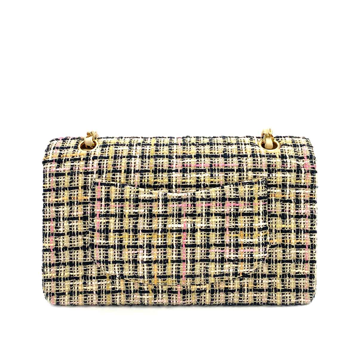 CHANEL VINTAGE CLASSIC FLAP MEDIUM CHAIN SHOULDER BAG BLACK WHITE TWEED 90245645