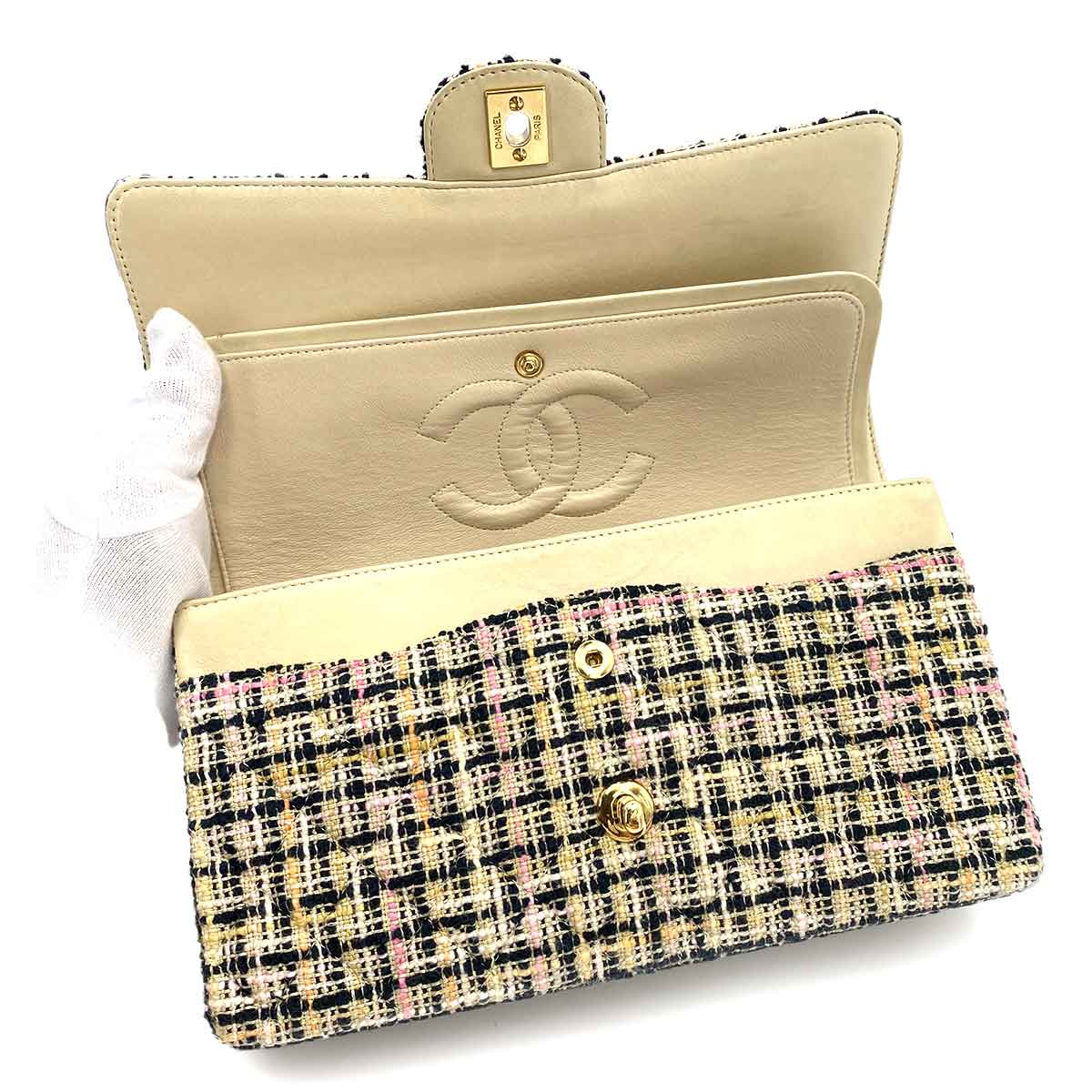 CHANEL VINTAGE CLASSIC FLAP MEDIUM CHAIN SHOULDER BAG BLACK WHITE TWEED 90245645