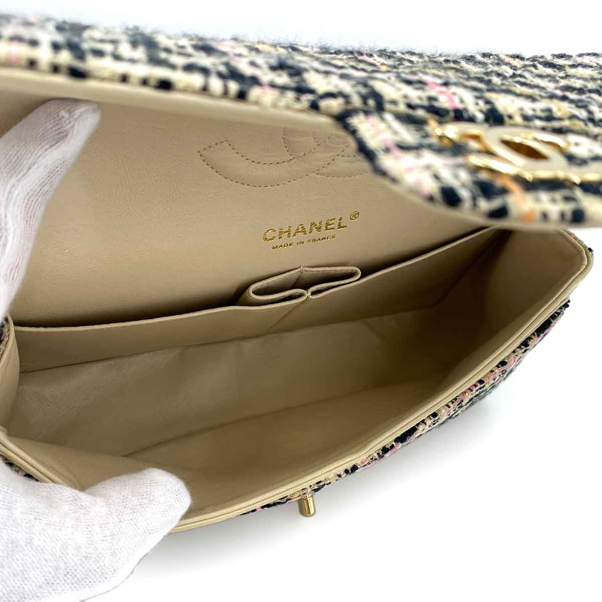 CHANEL VINTAGE CLASSIC FLAP MEDIUM CHAIN SHOULDER BAG BLACK WHITE TWEED 90245645