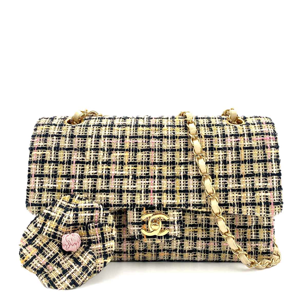 CHANEL VINTAGE CLASSIC FLAP MEDIUM CHAIN SHOULDER BAG BLACK WHITE TWEED 90245645
