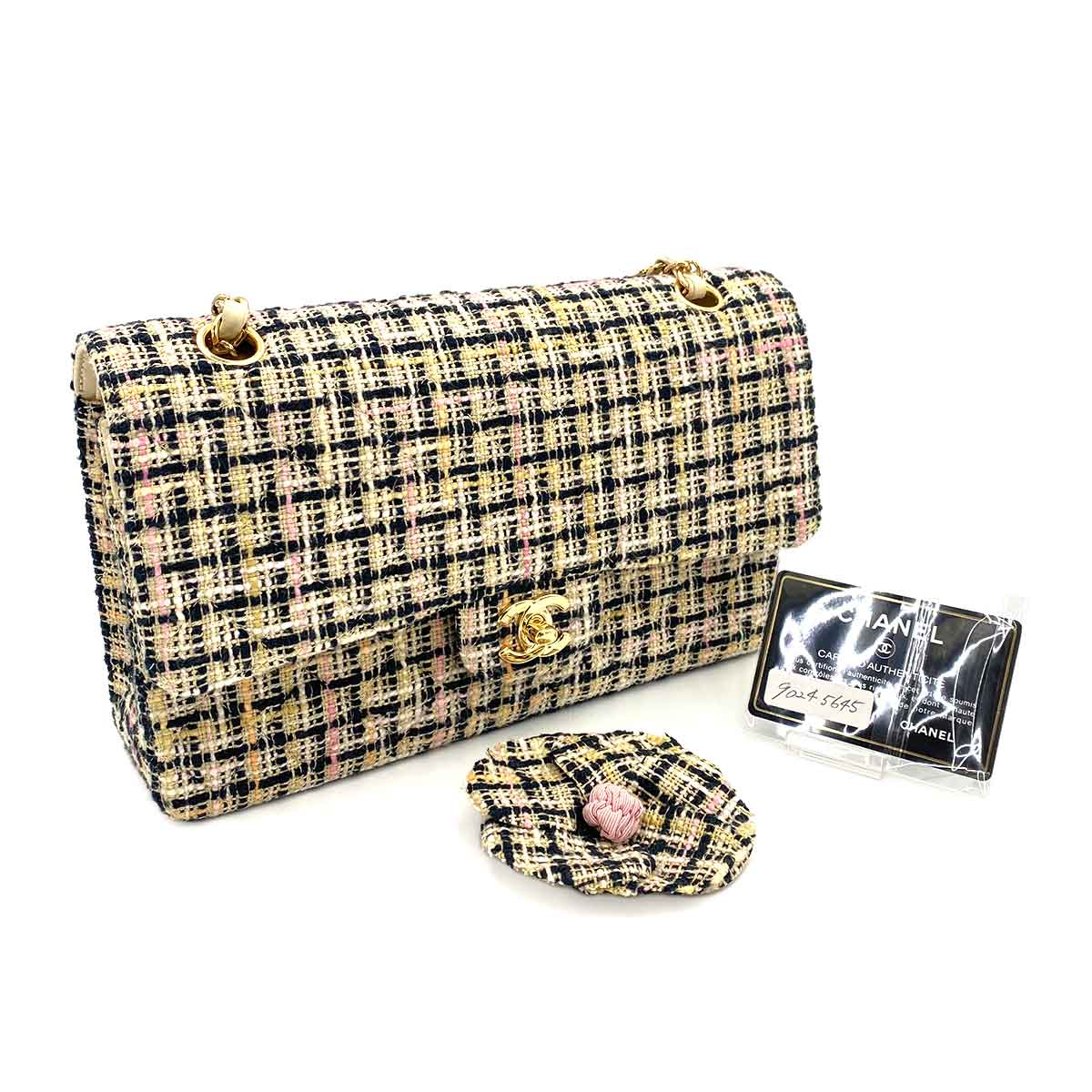 CHANEL VINTAGE CLASSIC FLAP MEDIUM CHAIN SHOULDER BAG BLACK WHITE TWEED 90245645