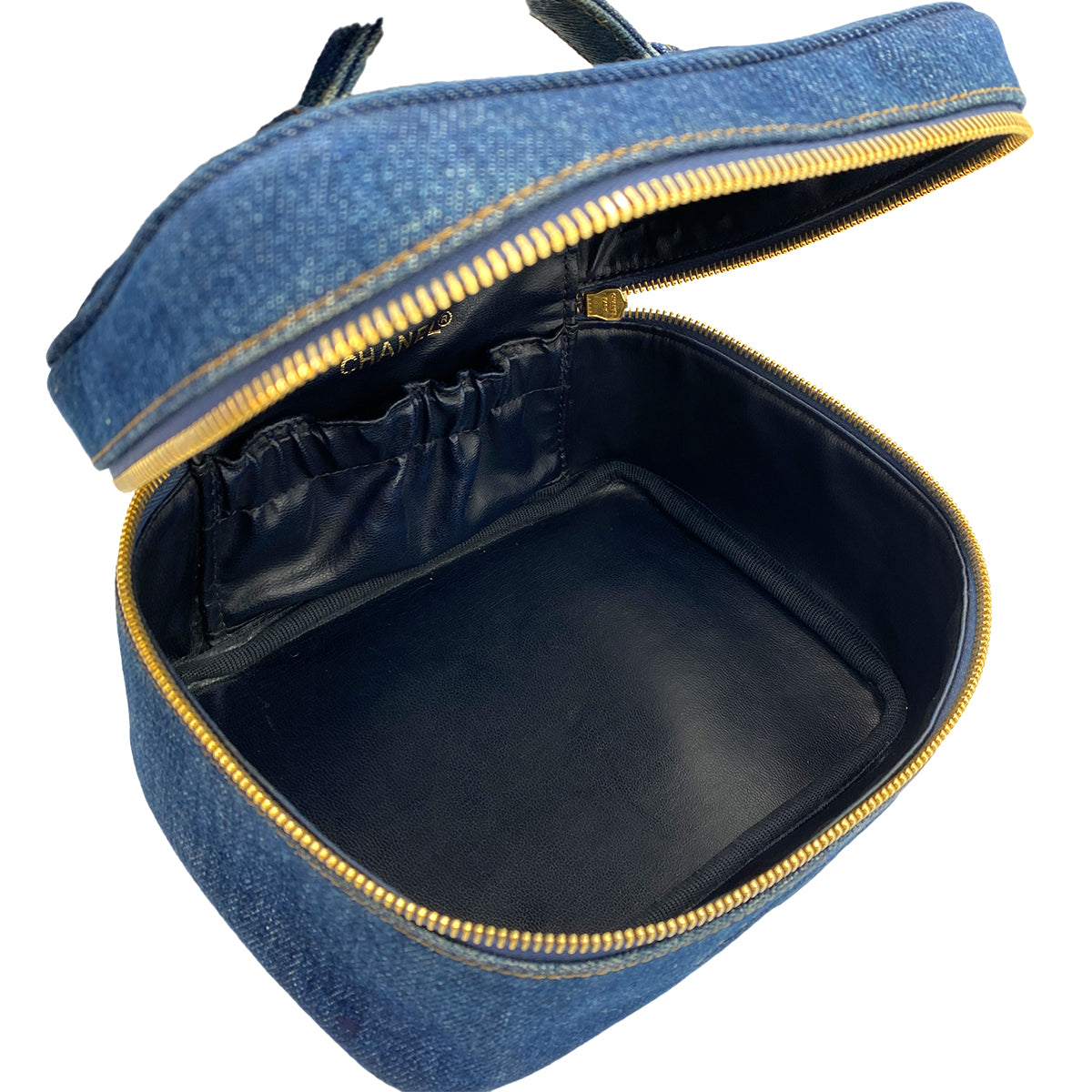 CHANEL VINTAGE VANITY HAND BAG BLUE DENIM 90245646