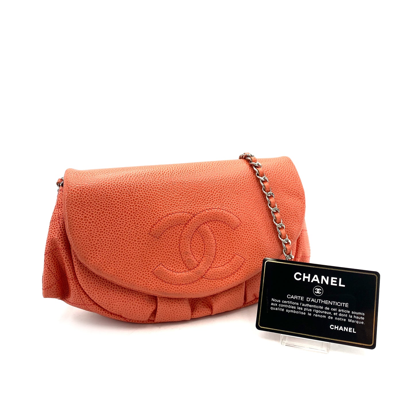 CHANEL VINTAGE CHAIN SHOULDER WALLET SALMON PINK CAVIAR SKIN 90245659