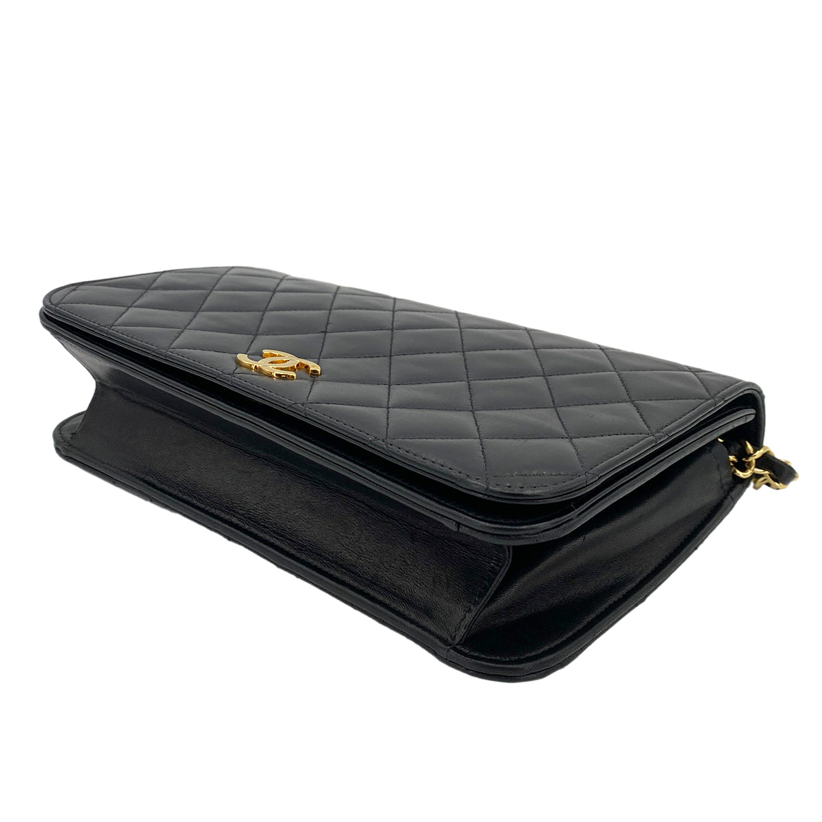 CHANEL VINTAGE FULL FLAP PUSH LOCK CHAIN SHOULDER BAG BLACK LAMB SKIN 90245665