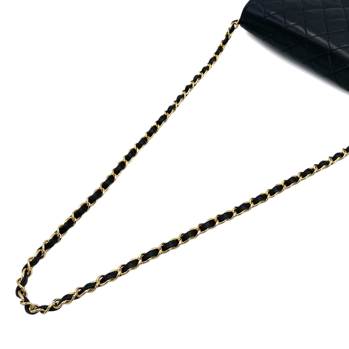 CHANEL VINTAGE FULL FLAP PUSH LOCK CHAIN SHOULDER BAG BLACK LAMB SKIN 90245665