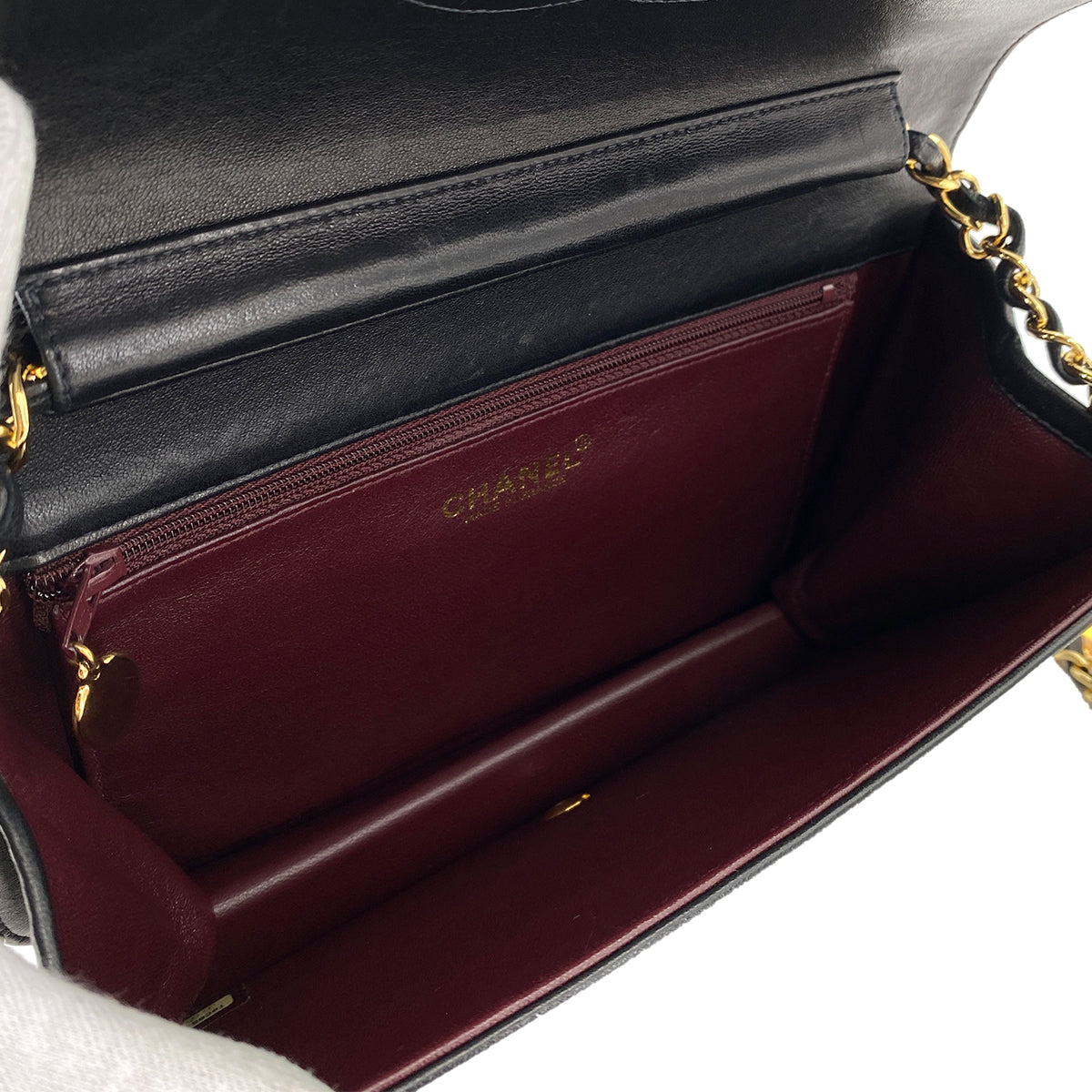 CHANEL VINTAGE FULL FLAP PUSH LOCK CHAIN SHOULDER BAG BLACK LAMB SKIN 90245665