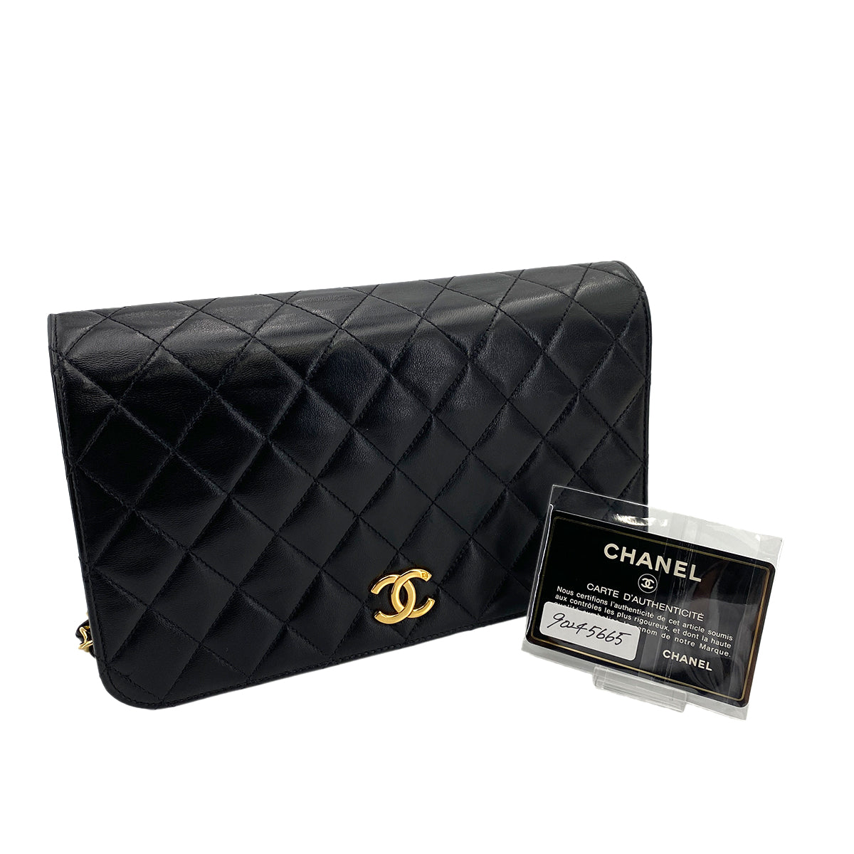 CHANEL VINTAGE FULL FLAP PUSH LOCK CHAIN SHOULDER BAG BLACK LAMB SKIN 90245665