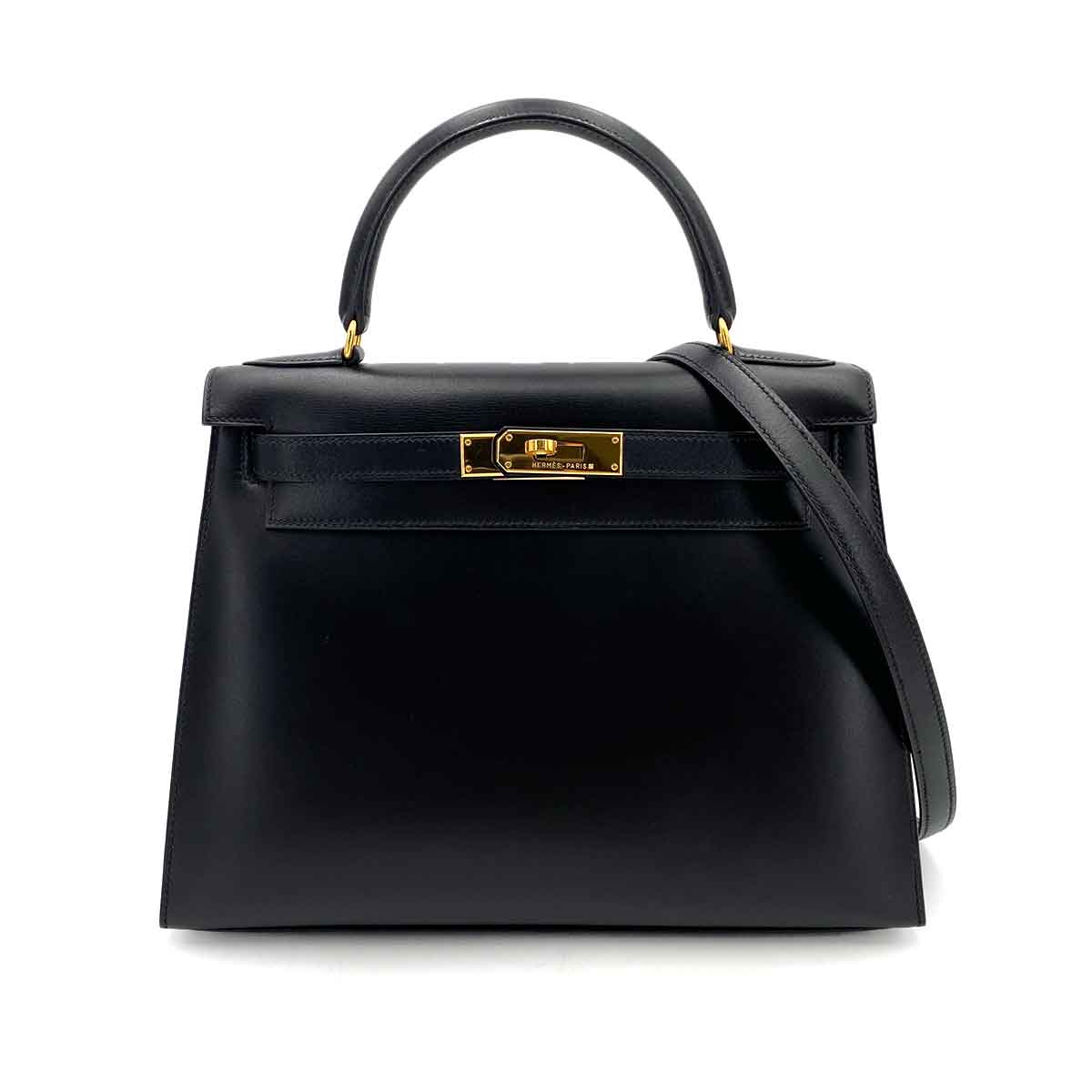 HERMES KELLY 28 SELLIER BLACK BOXCALF HAND SHOULDER BAG 〇A 90245668