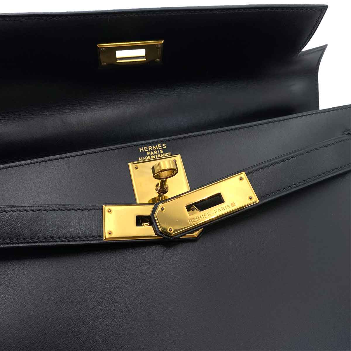 HERMES KELLY 28 SELLIER BLACK BOXCALF HAND SHOULDER BAG 〇A 90245668