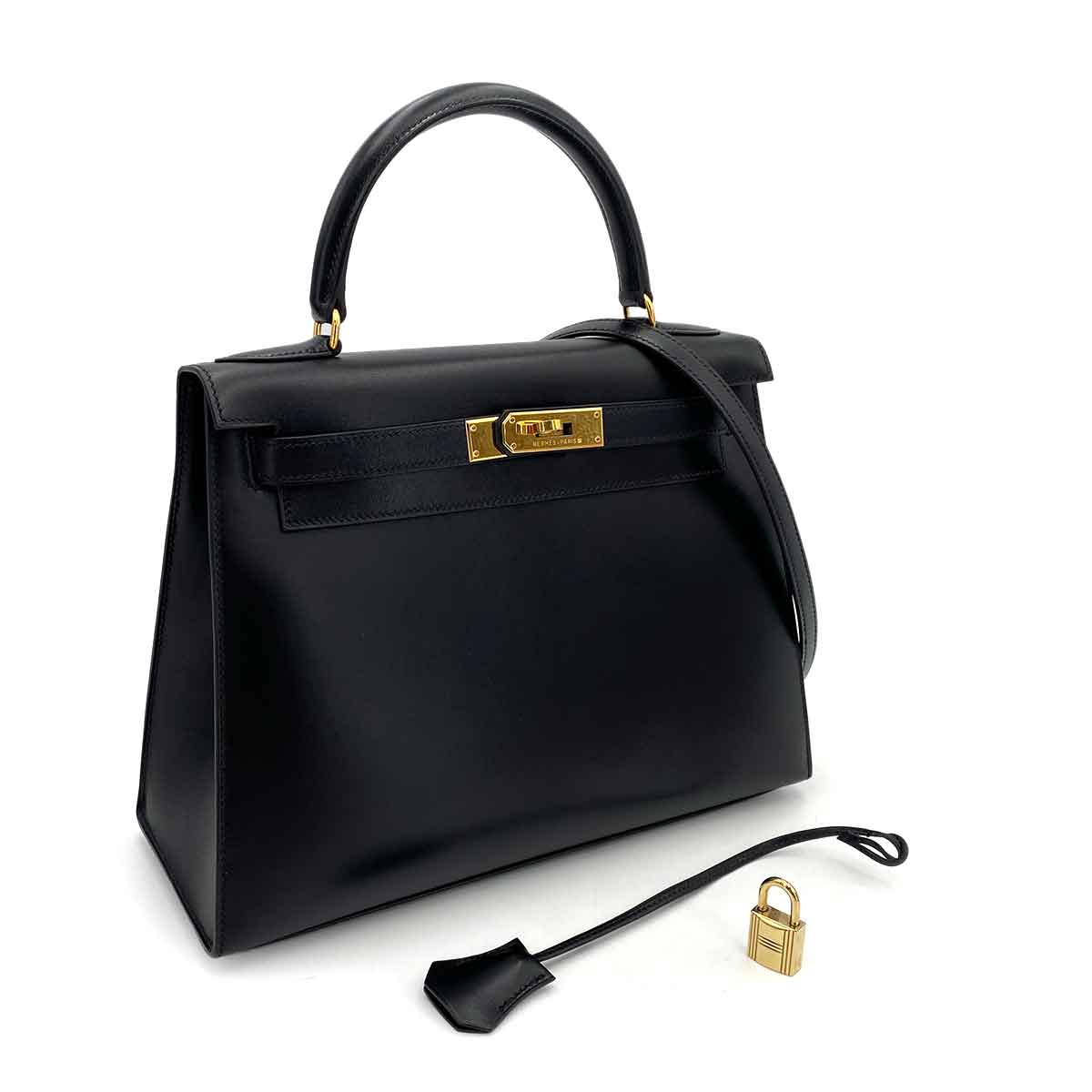 HERMES KELLY 28 SELLIER BLACK BOXCALF HAND SHOULDER BAG 〇A 90245668