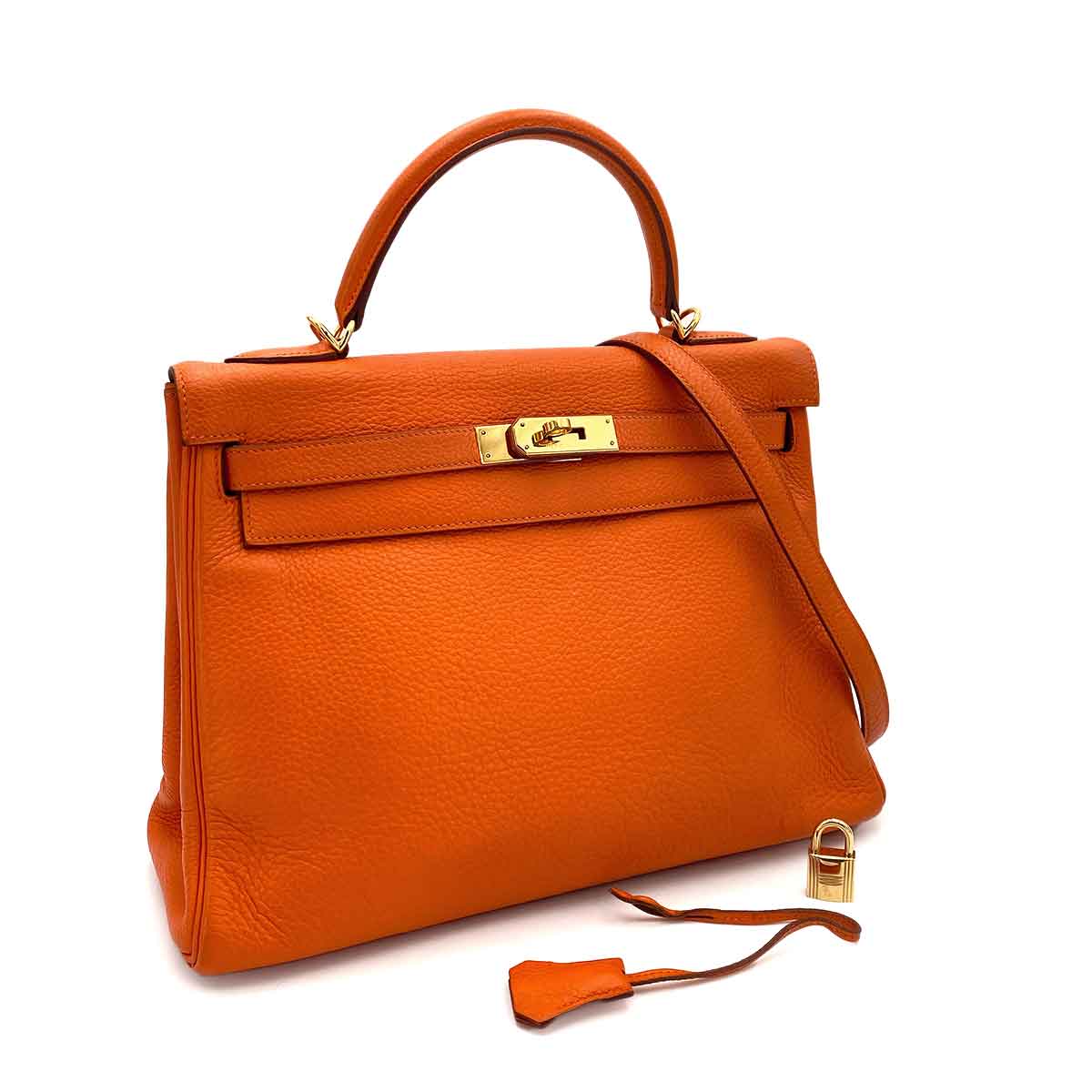 HERMES KELLY 32 RETOURNE ORANGE TAURILLON HAND SHOULDER BAG □G 90245676