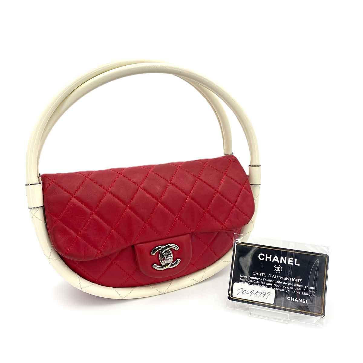 CHANEL HULA HOOP CROSS HAND BAG RED WHITE LAMB SKIN 90245797